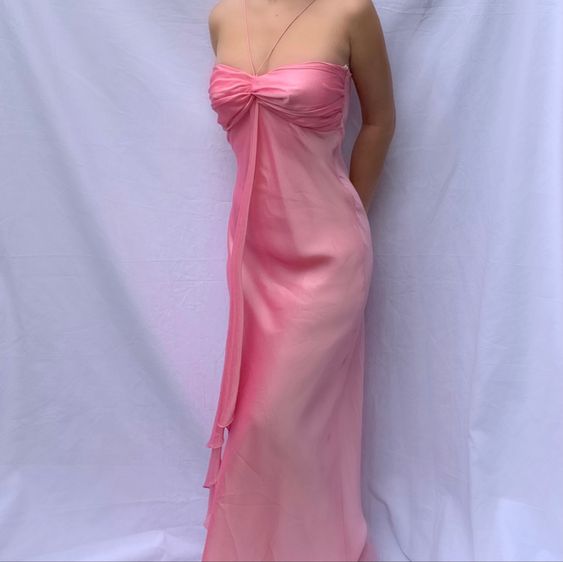 Vintage A Line Halter 90s Pink Chiffon Prom Dresses Evening Gowns C3040
