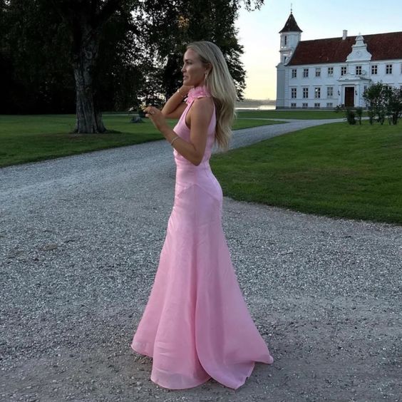Gorgeous Mermaid High Neckline Pink Slit Tulle Long Prom Dresses Evening Dress C3042