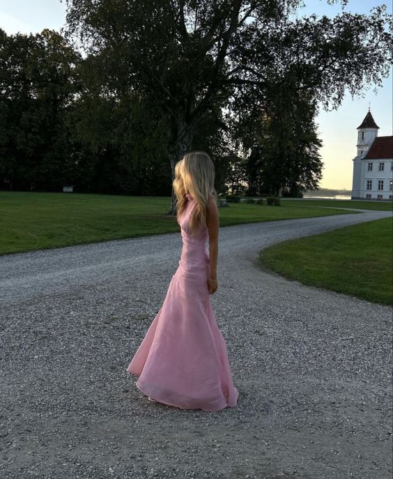 Gorgeous Mermaid High Neckline Pink Slit Tulle Long Prom Dresses Evening Dress C3042