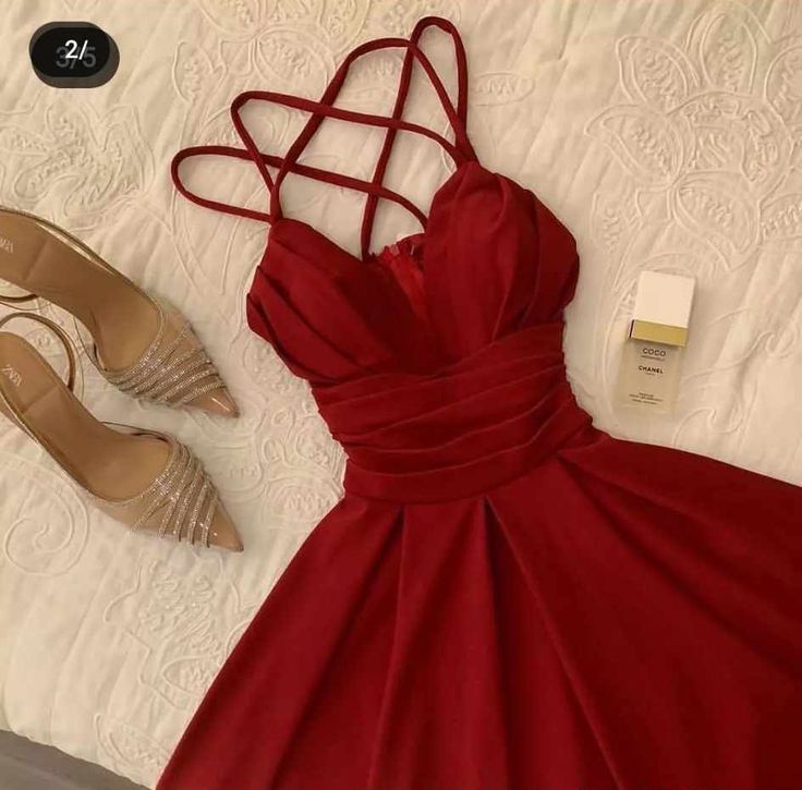 Gorgeous A Line Spaghetti Straps Red Knee Length Prom Dresses Wedding Guest Dress C3046