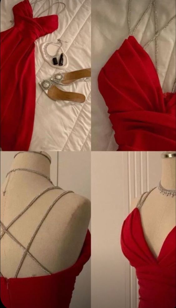 Modest A Line Spaghetti Straps Red Prom Dresses Evening Dress C3072