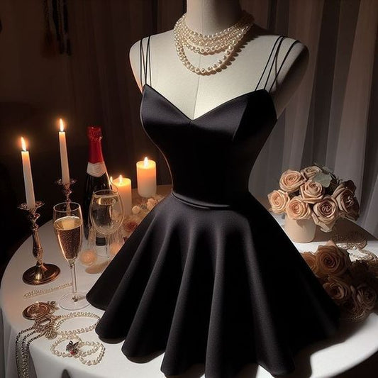 Robe de soirée courte noire à bretelles spaghetti pour 16e anniversaire C3066