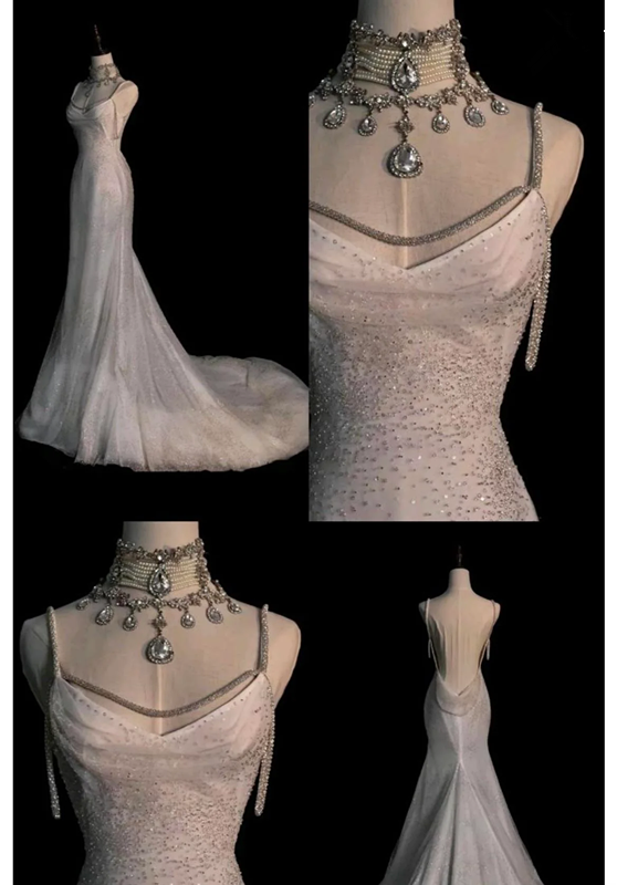Fairytale Mermaid Wedding Dresses Glittering Straps Backless Wedding Dress C307