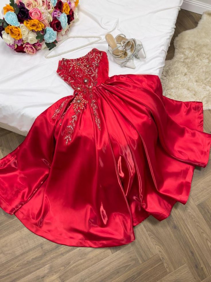Modest A Line Strapless Sleeveless Red Satin Ruffles Beads Long Prom Dresses Evening Dress C3076