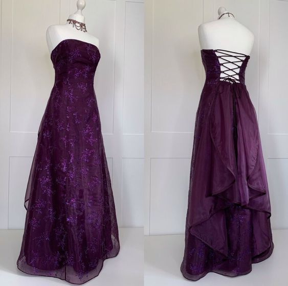 Vintage A Line Strapless Grape Lace Long Prom Dresses Evening Dress C3083
