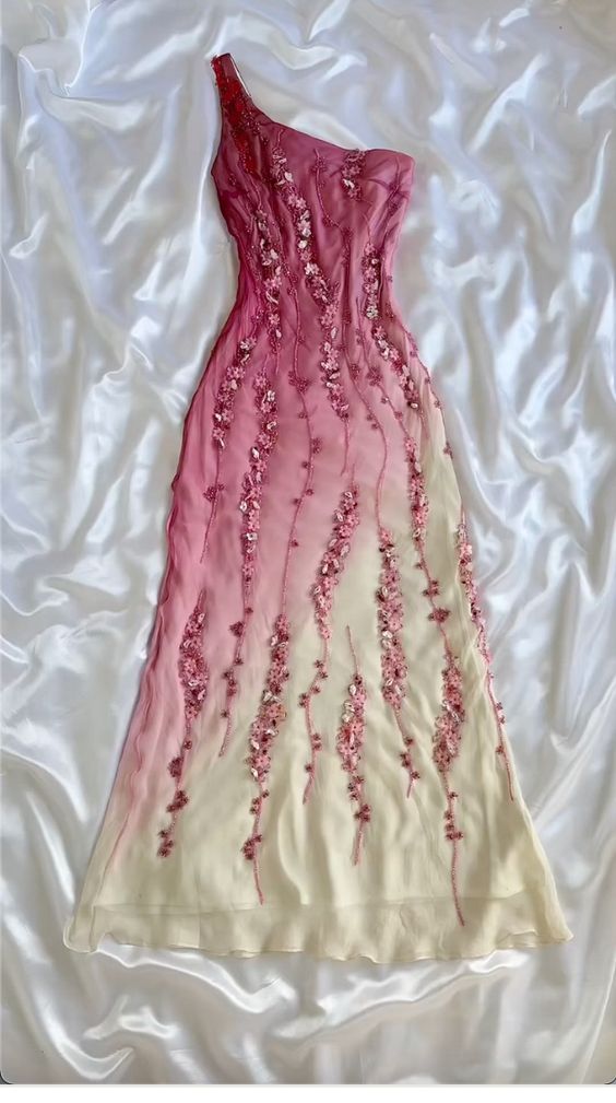 Vintage Sheath One Shoulder Chiffon Ombre Pink Floor Length Prom Dresses Evening Dress C3095