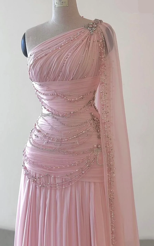 Robe de soirée vintage en mousseline de soie rose à une épaule et ligne A, longueur au sol, avec perles, C3101