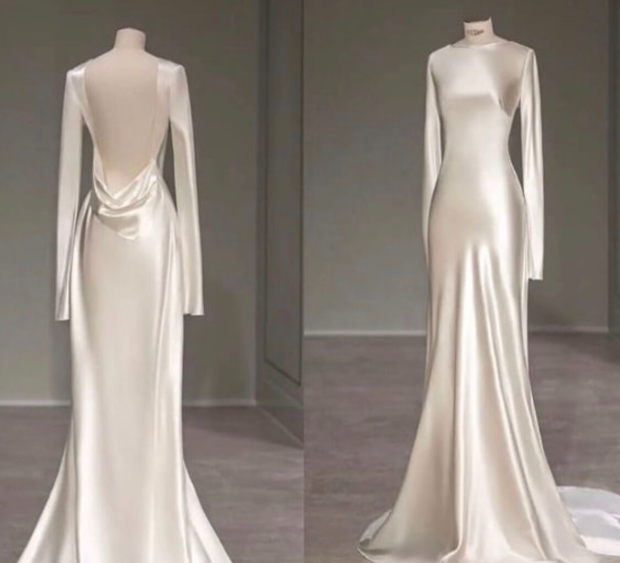 Fairytale With Long Sleeves And Open Back Satin Wedding Dress C311