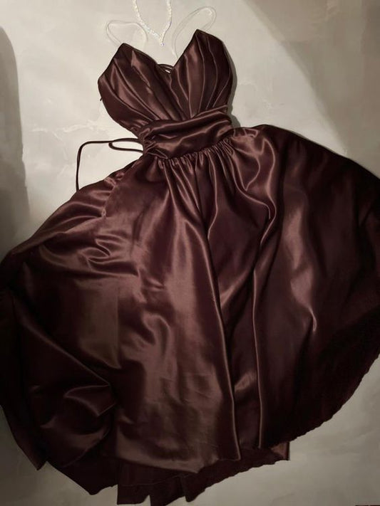 Jolie robe de soirée trapèze à bretelles spaghetti marron C3123