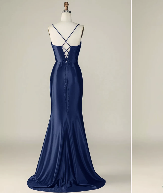 Pretty Mermaid Spaghetti Straps Royal Blue Satin Slit Long Party Dress Prom Dress C3135