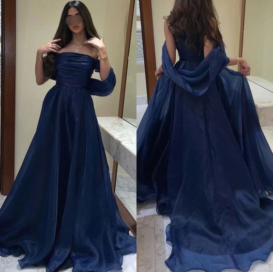Robe de soirée longue élégante sans bretelles bleu marine C3145