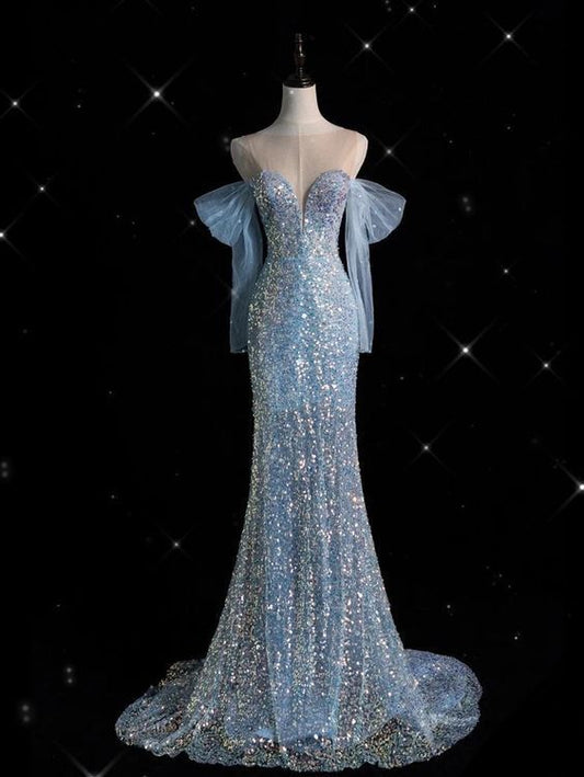 Robe de soirée longue à paillettes bleues, élégante, fourreau, épaules dénudées, robe de soirée à paillettes C3149