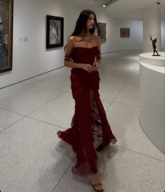 Robe de soirée longue fendue en mousseline bordeaux, robe de bal de fin d'année C3160