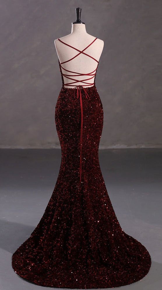 Robe de soirée élégante à bretelles spaghetti et paillettes bordeaux, dos nu, longue, sirène, C3161