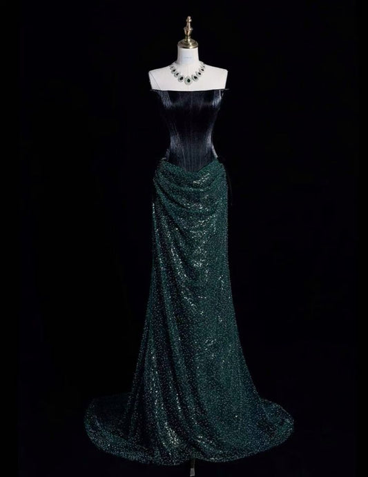 Robe de soirée longue élégante à paillettes et bretelles style sirène verte C3166