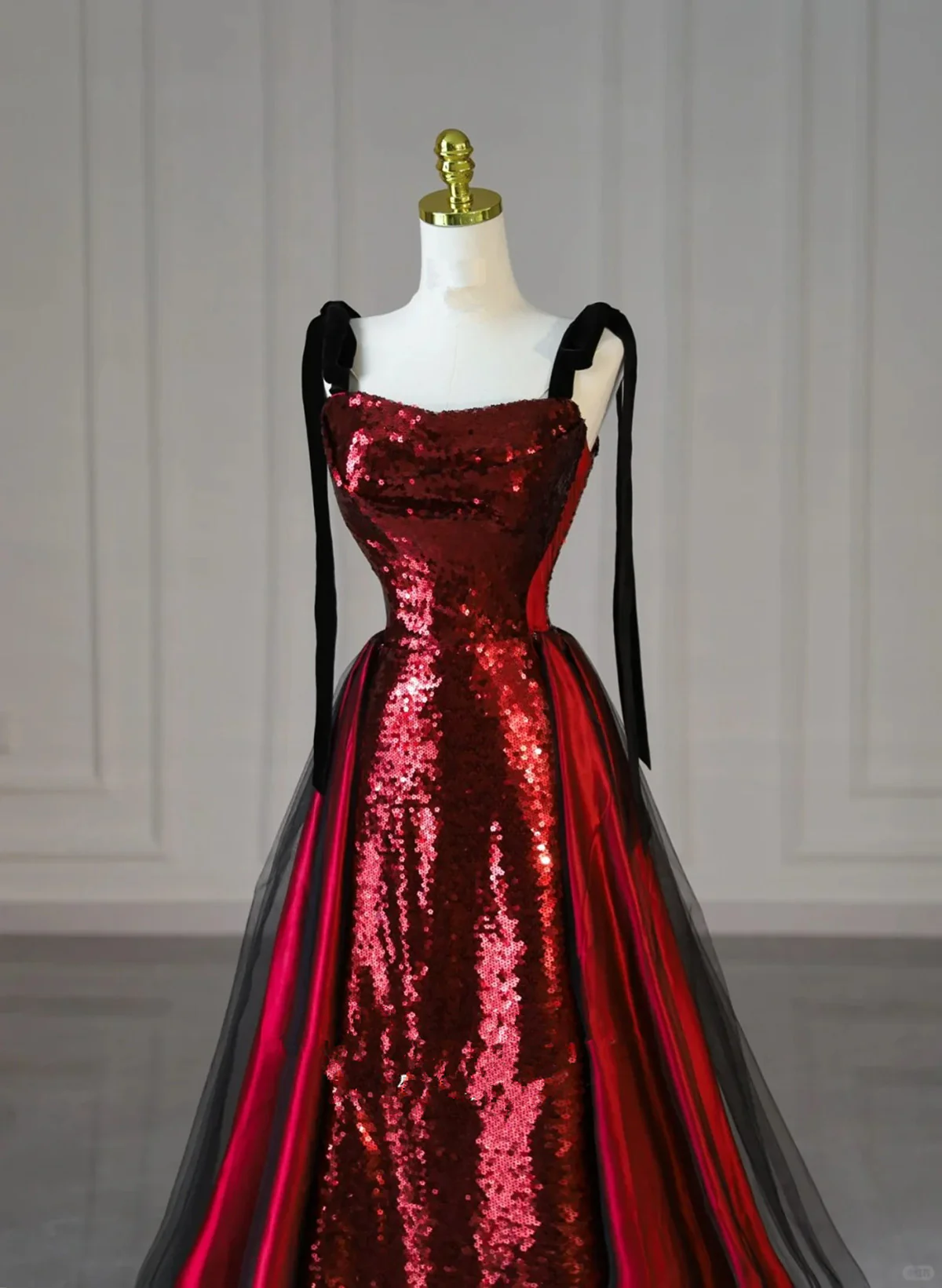 Robe de soirée longue à paillettes et bretelles en tulle noir, robe de bal à paillettes C3167