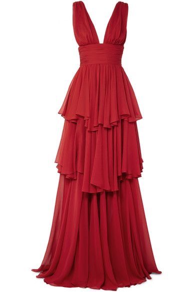 Robe de soirée longue en mousseline de soie rouge élégante à col en V et ligne A C3168