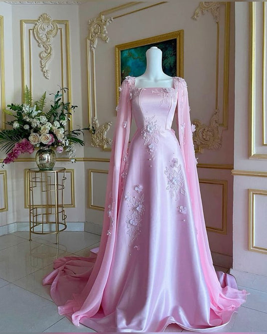 Robe de soirée longue en satin rose à décolleté carré et ligne A élégante C3173