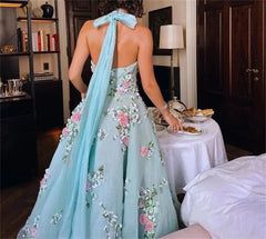 Halter Neck Flowers Embroidered Chiffon Prom Dress Green Party Dresses C3177