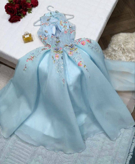 Robe de soirée élégante en tulle bleu clair avec décolleté haut et ligne A C3178