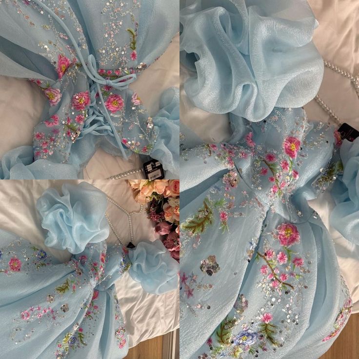 Robe de soirée élégante en organza bleu à manches courtes bouffantes et décolleté carré en A C3189