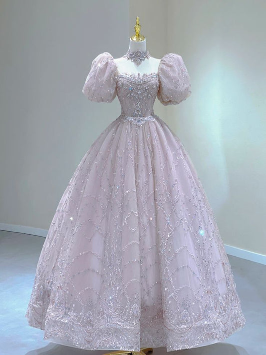 Robe de bal élégante à encolure carrée et manches courtes bouffantes, perles roses, longue robe de soirée C3191