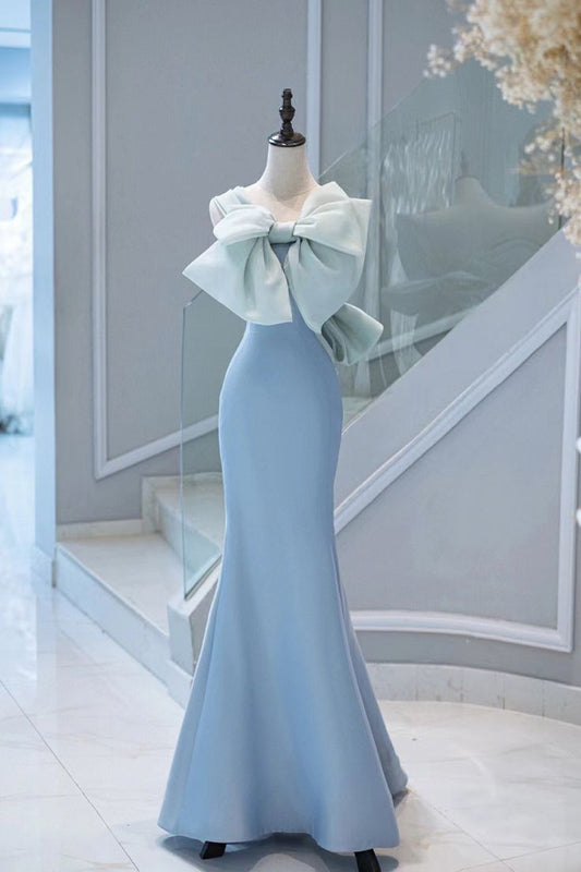 Robe de soirée longue en satin bleu sirène élégante avec nœud papillon C3192