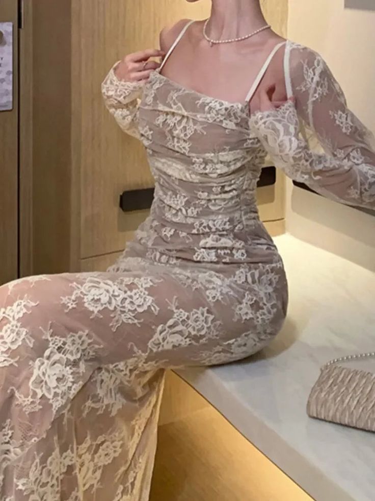 Robe moulante élégante en dentelle, style vintage, décontractée, dos nu, robe de soirée, robe de bal, robe de soirée C3197