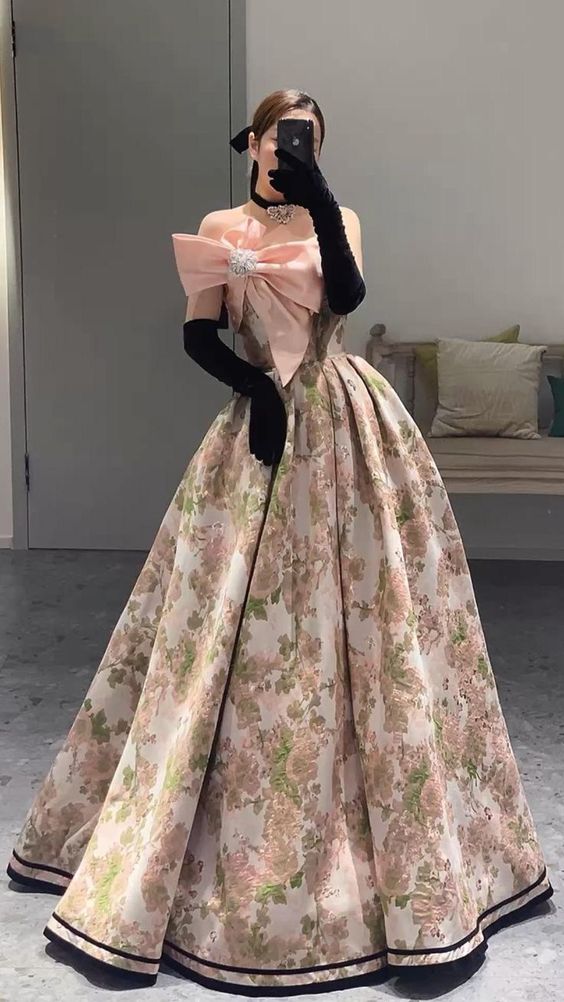 Robe de bal chic sans bretelles en satin floral rose longue robe de bal avec nœud robe de soirée C3205