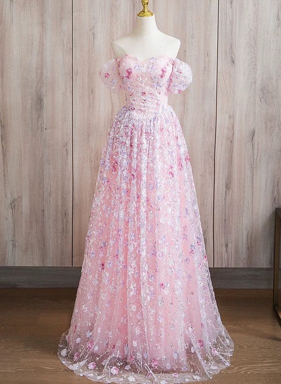 Robe de soirée élégante en tulle rose à épaules dénudées et manches courtes, robe de bal, robe de soirée C3206