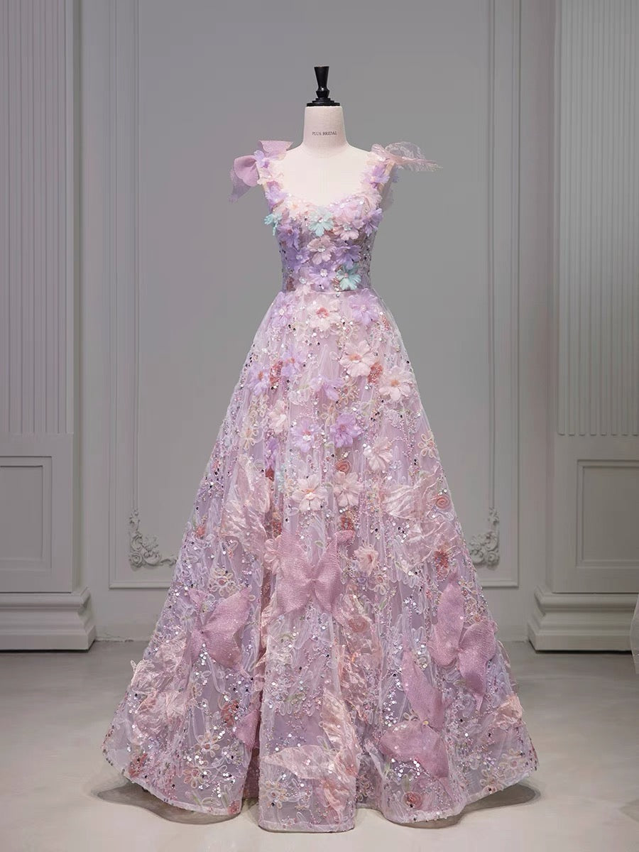 Robe de soirée élégante en tulle rose à fleurs, décolleté carré, sans manches, ligne A, robe de bal, robe de soirée C3208