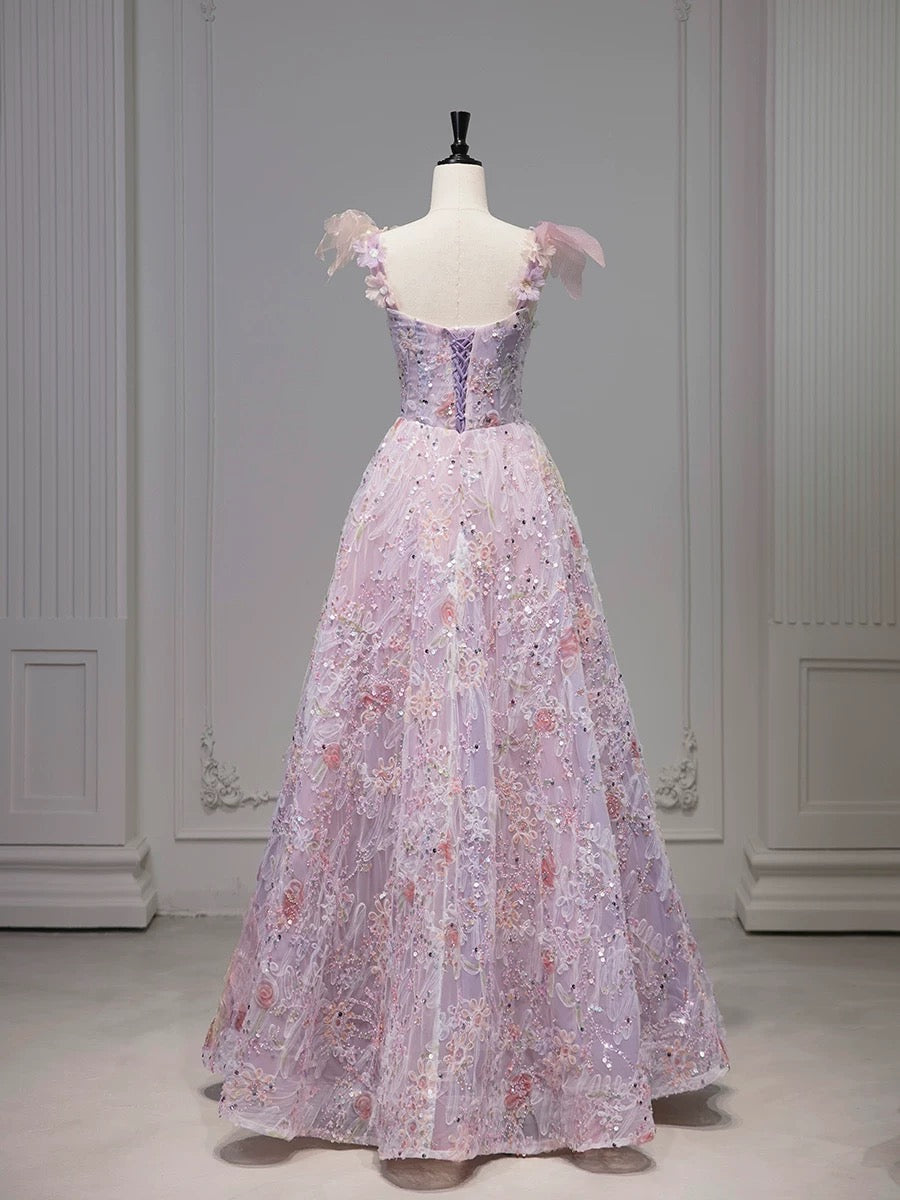 Robe de soirée élégante en tulle rose à fleurs, décolleté carré, sans manches, ligne A, robe de bal, robe de soirée C3208