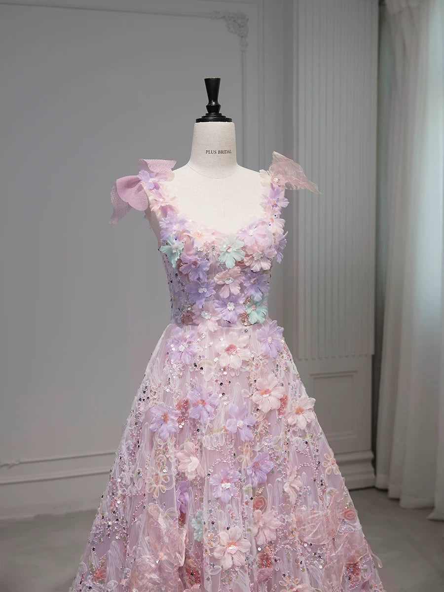 Robe de soirée élégante en tulle rose à fleurs, décolleté carré, sans manches, ligne A, robe de bal, robe de soirée C3208