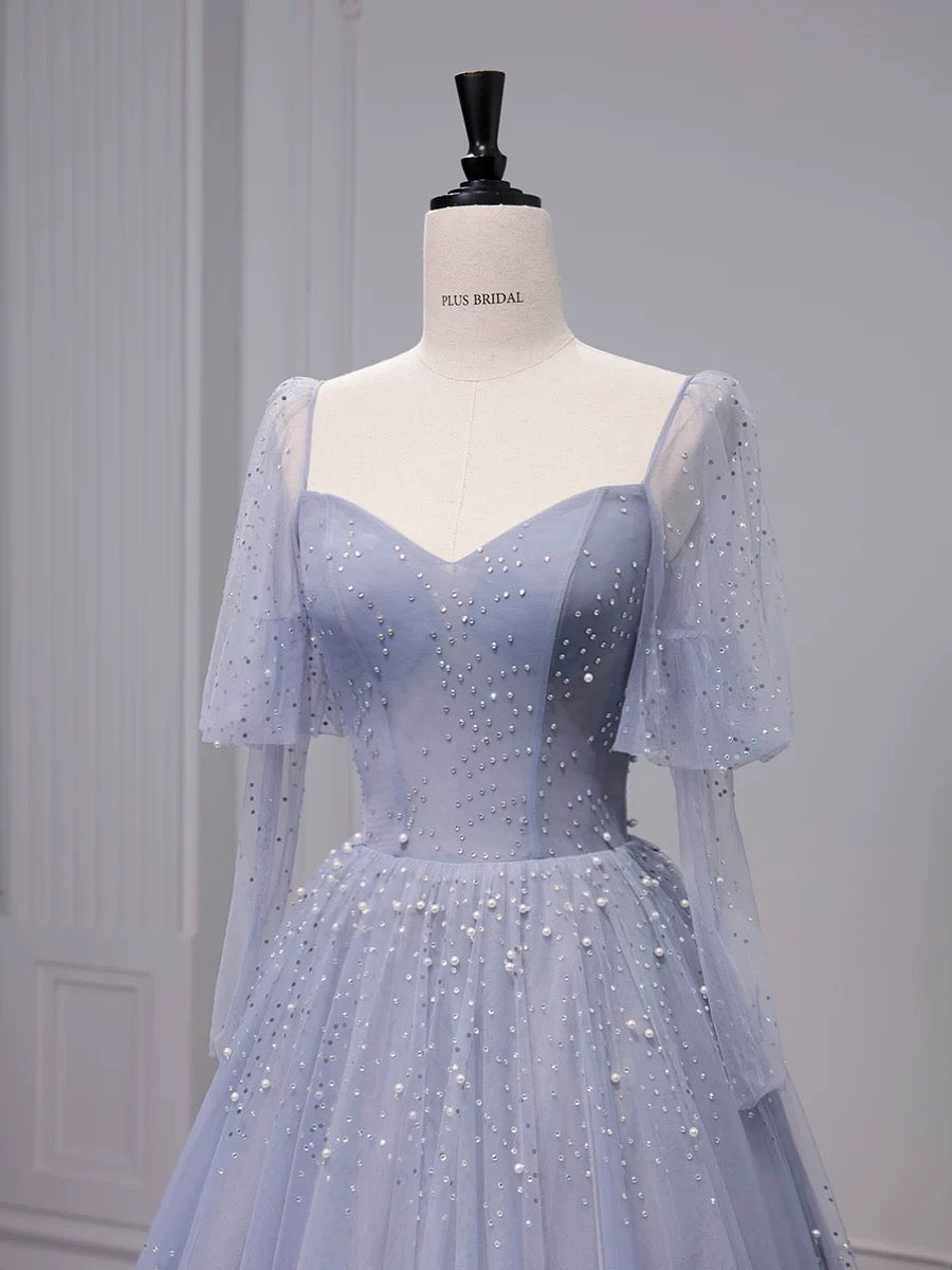 Robe de bal chic sans bretelles en tulle bleu longue robe de soirée avec perles C3209