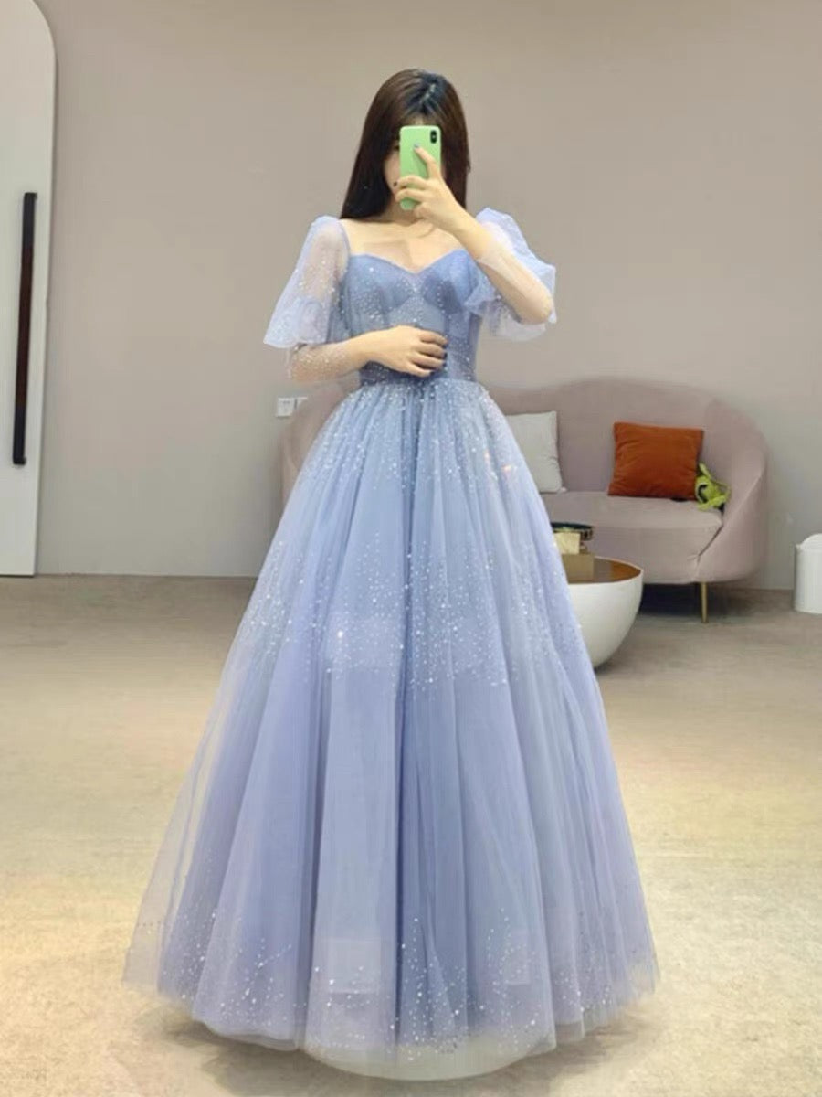 Robe de bal chic sans bretelles en tulle bleu longue robe de soirée avec perles C3209