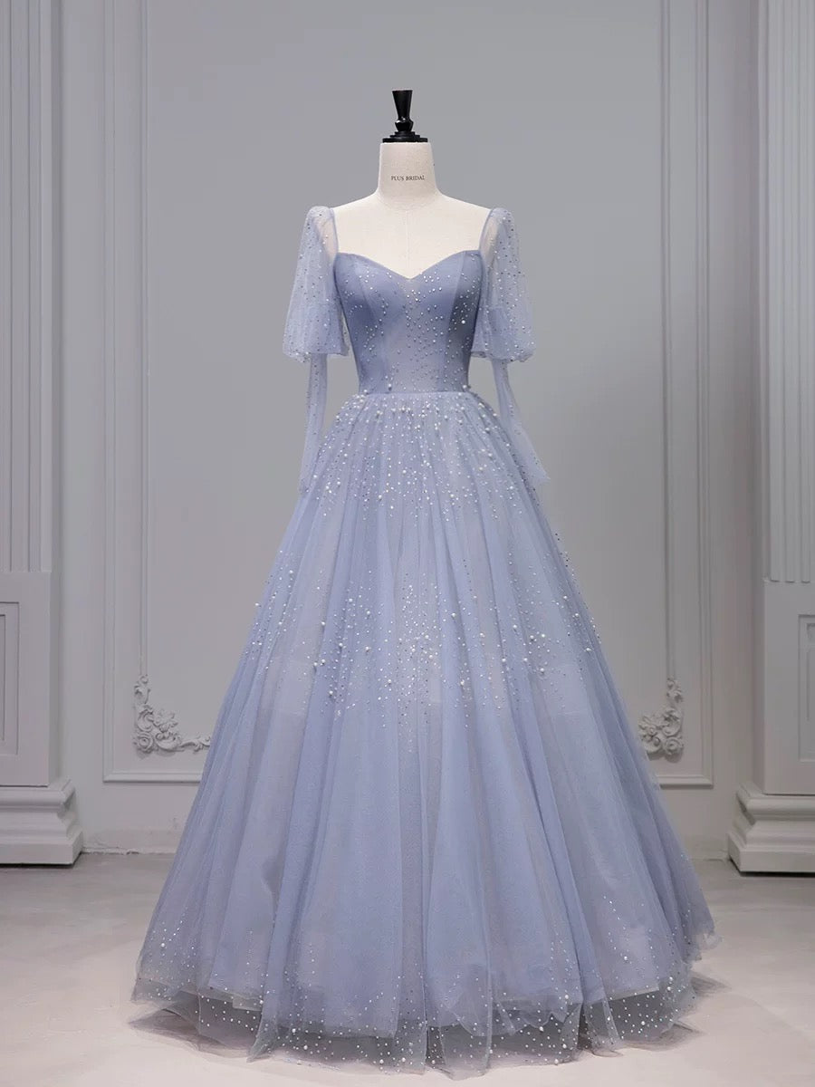 Robe de bal chic sans bretelles en tulle bleu longue robe de soirée avec perles C3209