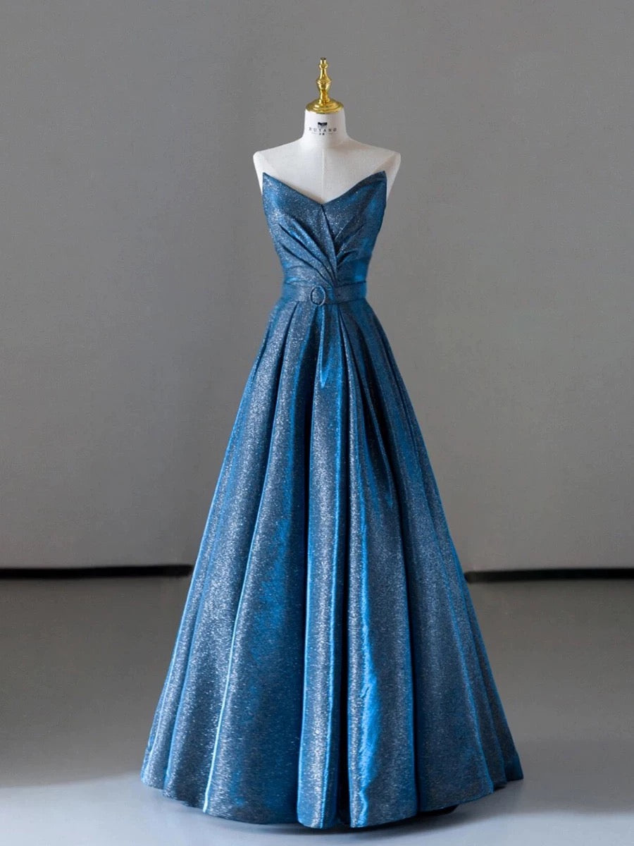 Robe de soirée élégante à paillettes bleues en forme de A avec décolleté en cœur C3213