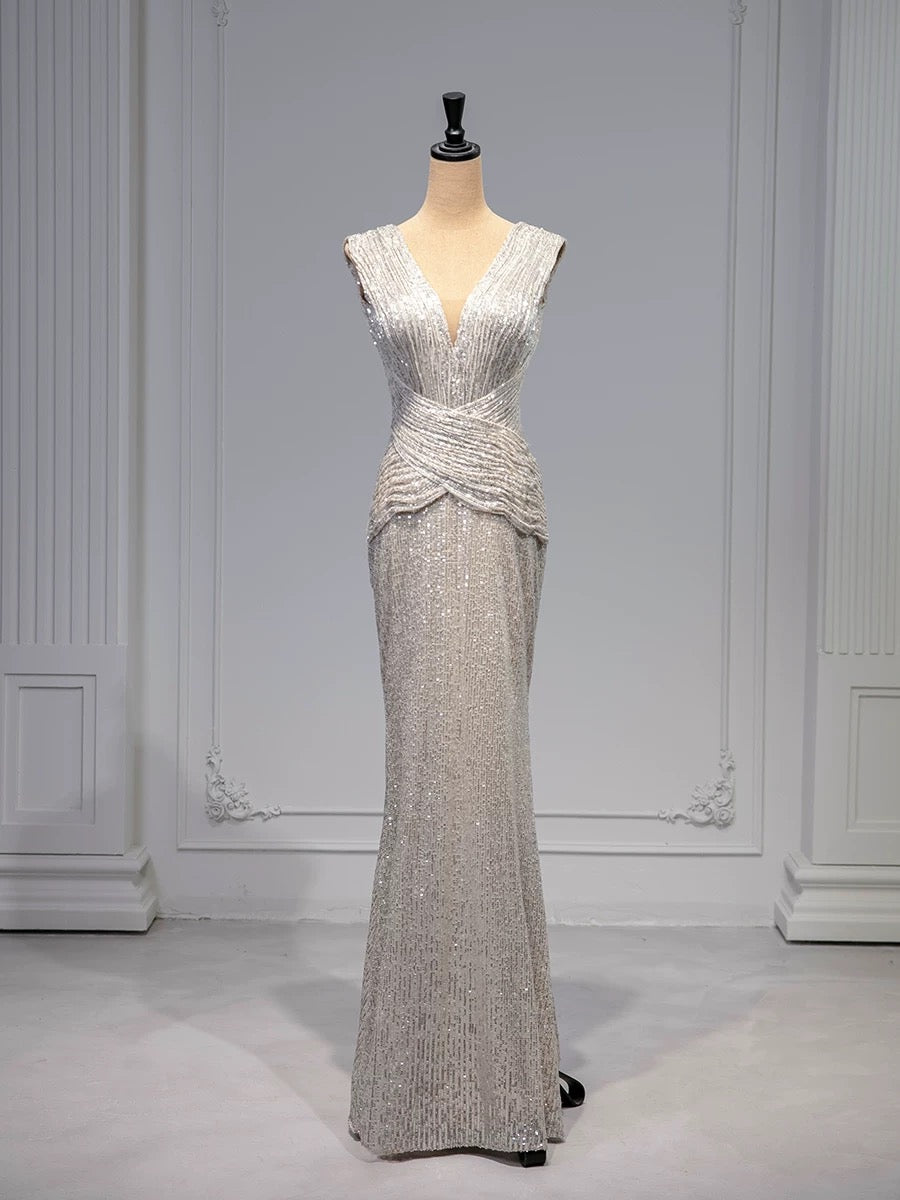 Robe de soirée élégante à paillettes et décolleté en V style sirène C3214