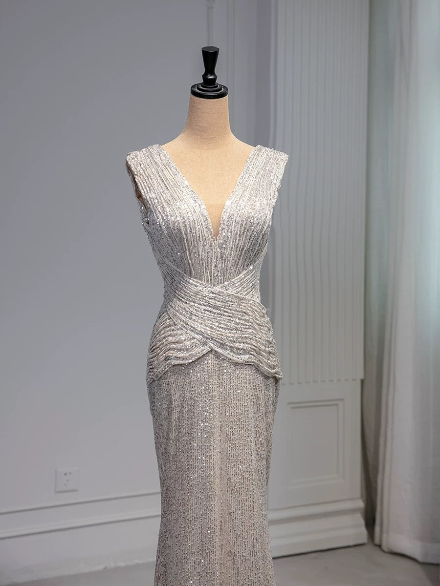 Robe de soirée élégante à paillettes et décolleté en V style sirène C3214