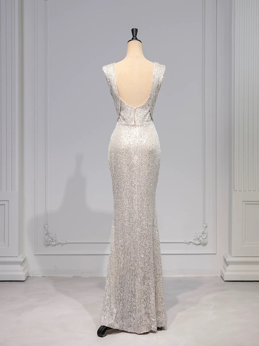 Robe de soirée élégante à paillettes et décolleté en V style sirène C3214
