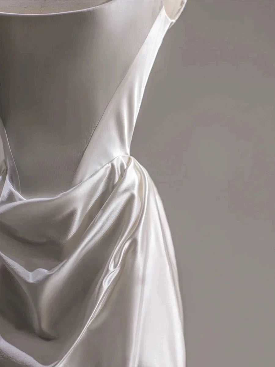 Chic Sheath Square Neckline Sleeveless White Satin Wedding Dresses With Ruffles C3224