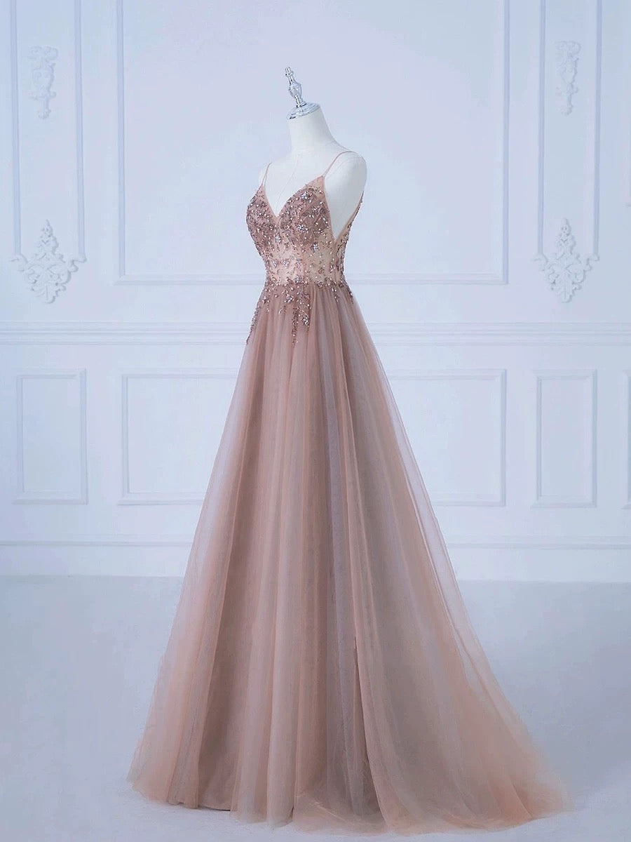 Robe de soirée longue élégante en tulle à bretelles spaghetti et ligne A C3226