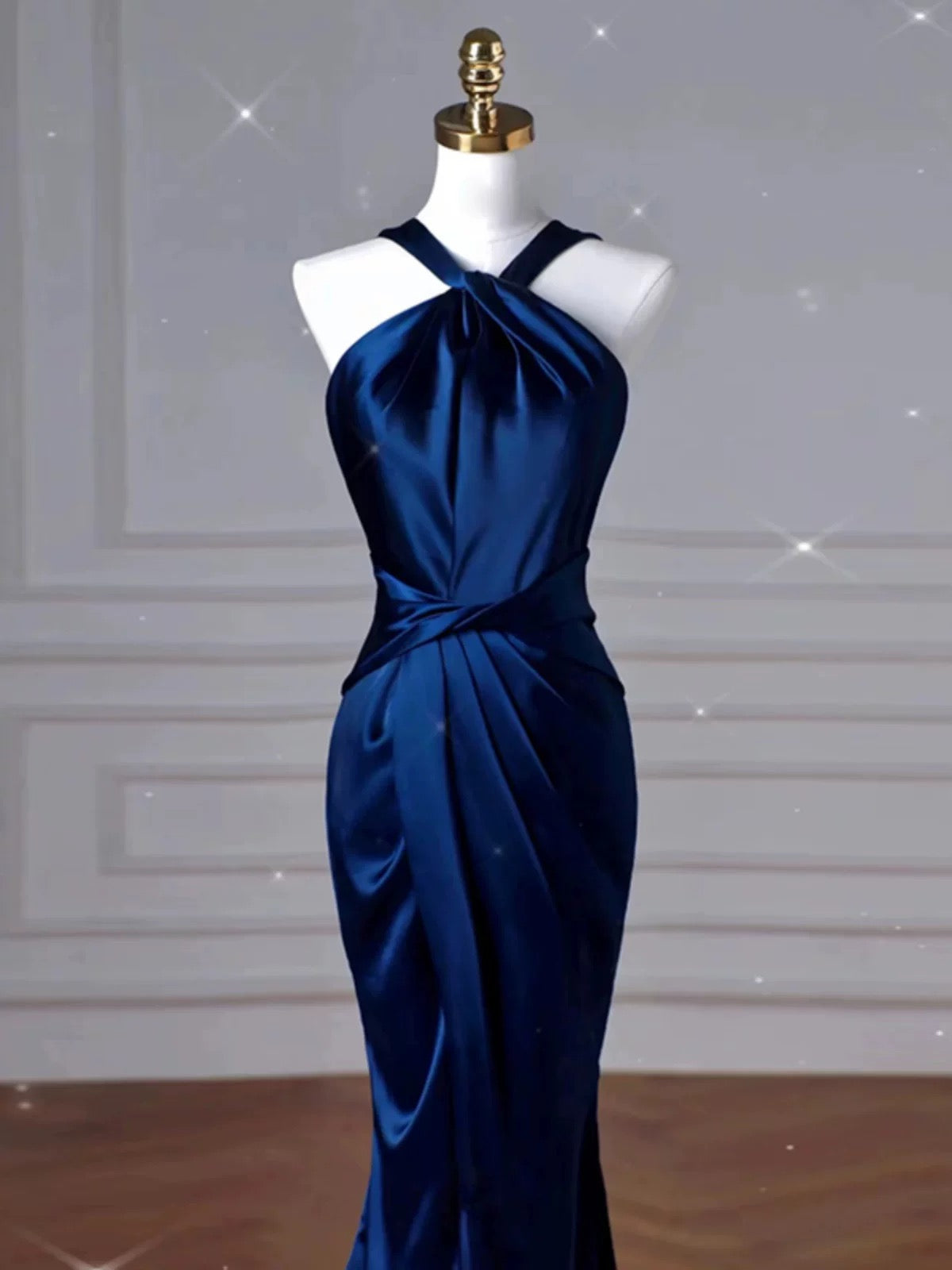 Sexy Mermaid High Neckline Navy Blue Satin Evening Dress Long Prom Dresses Party Dress With Ruffles C3231