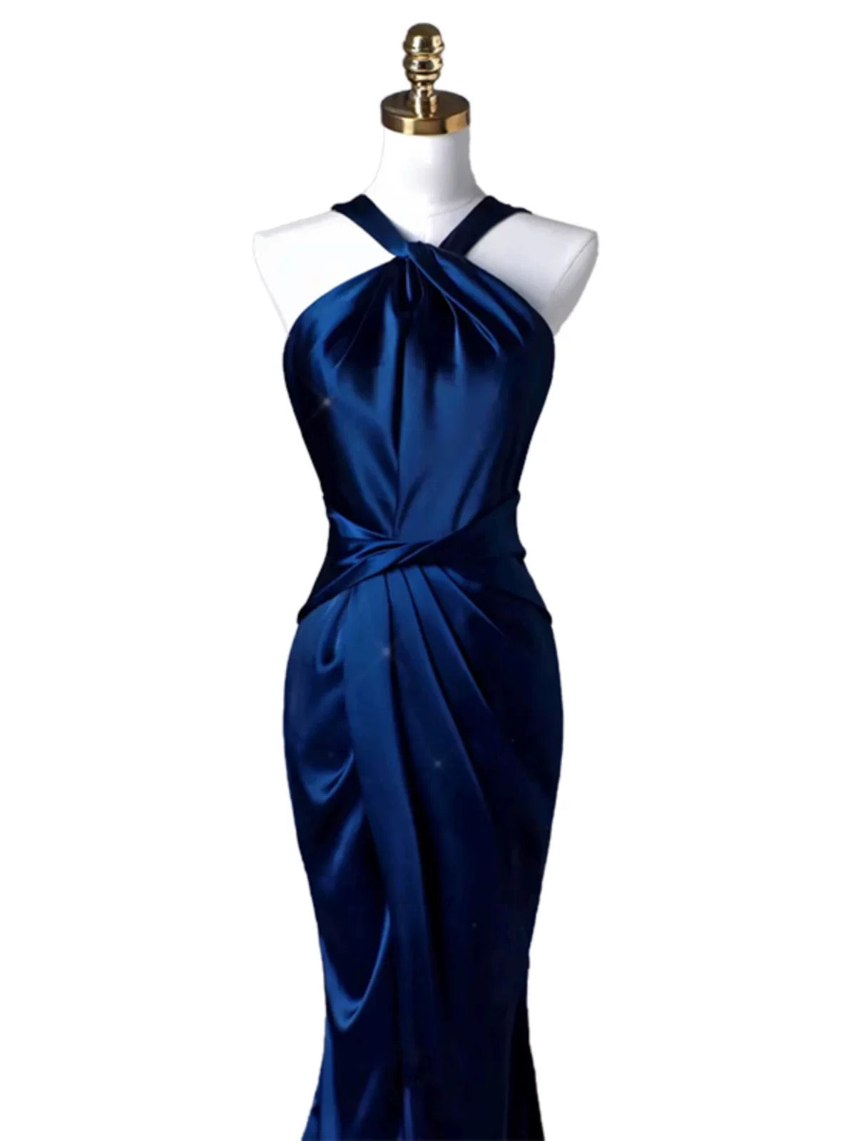 Sexy Mermaid High Neckline Navy Blue Satin Evening Dress Long Prom Dresses Party Dress With Ruffles C3231