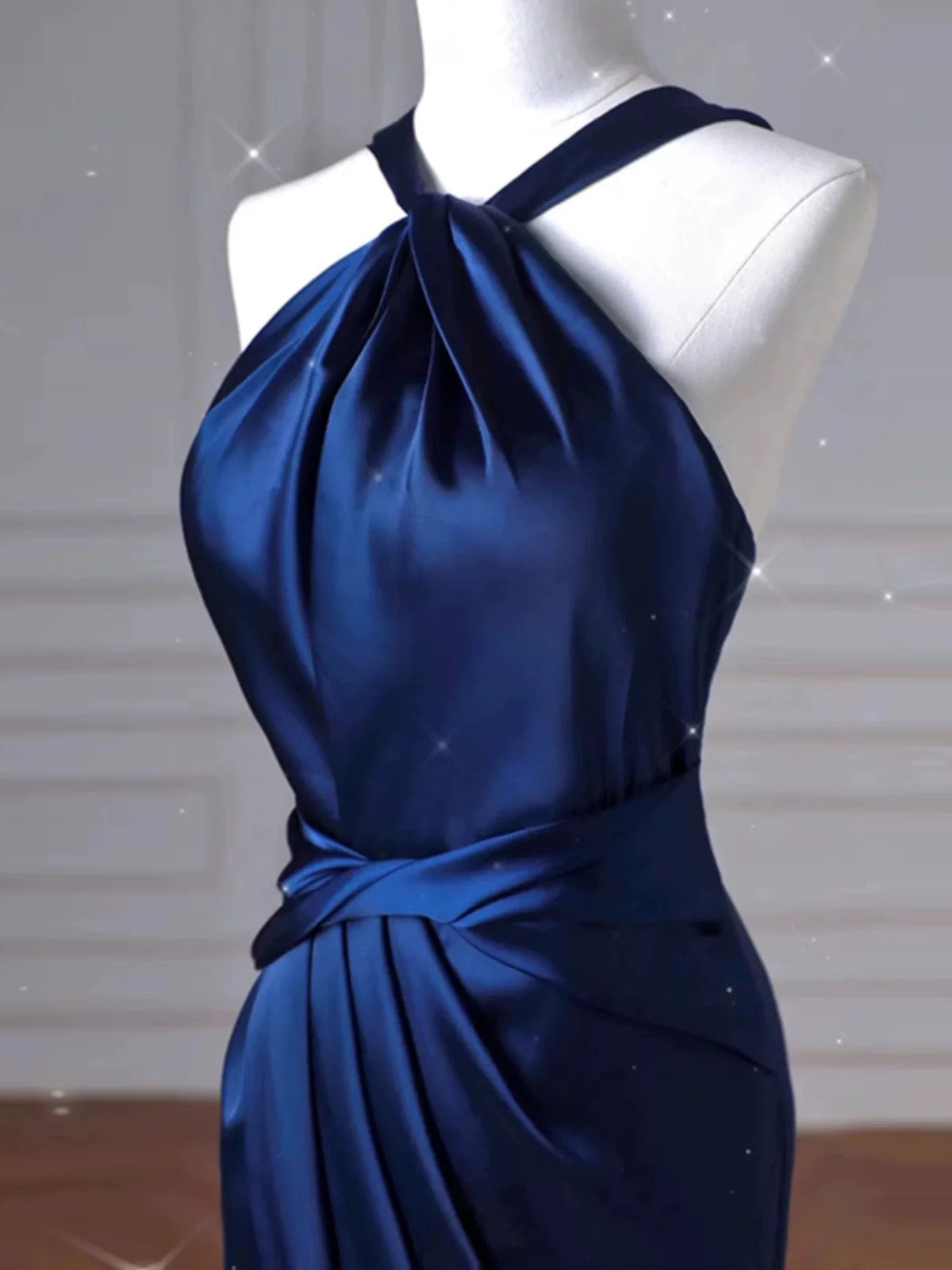 Sexy Mermaid High Neckline Navy Blue Satin Evening Dress Long Prom Dresses Party Dress With Ruffles C3231
