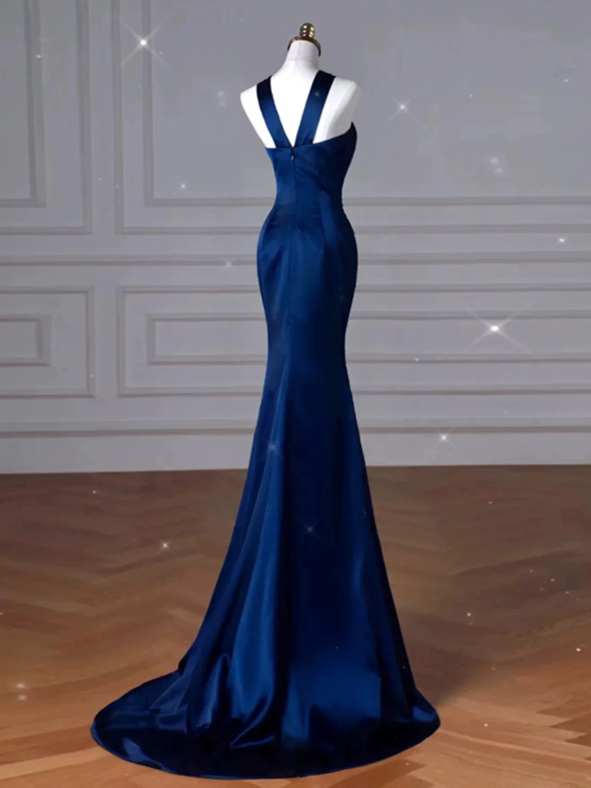 Sexy Mermaid High Neckline Navy Blue Satin Evening Dress Long Prom Dresses Party Dress With Ruffles C3231