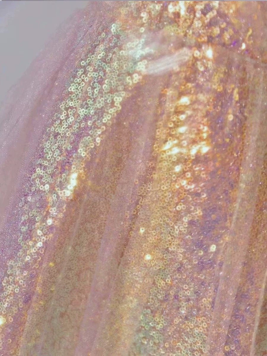 Robe de soirée longue élégante à bretelles spaghetti en ligne A à paillettes roses CC3237