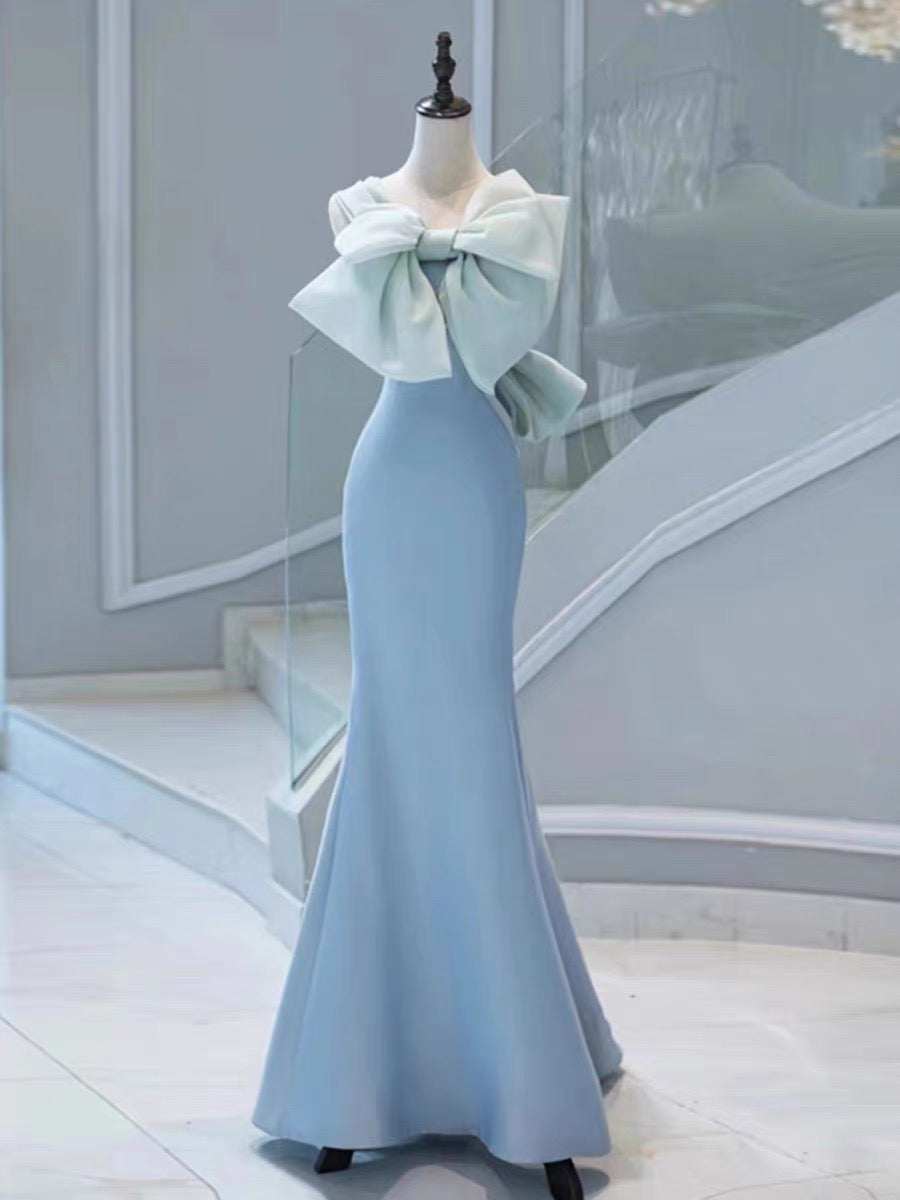 Robe de soirée longue en satin bleu sirène élégante avec nœud papillon C3192