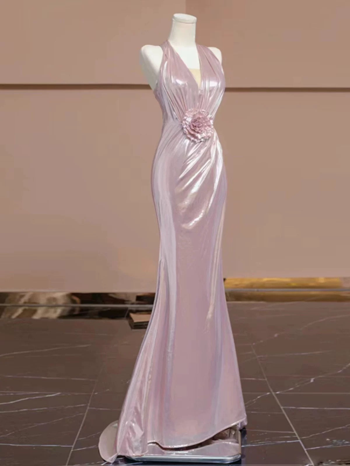 Elegant Sheath V Neckline Pink Sequin Long Prom Dress Evening Dresses With Flowers C3254