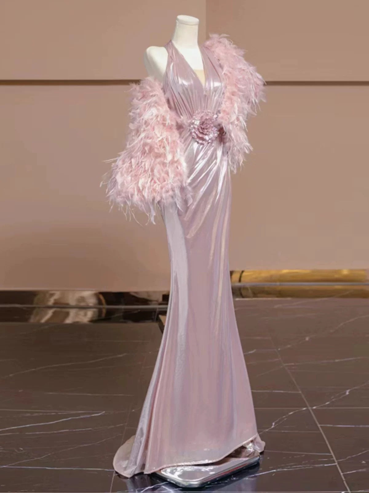Elegant Sheath V Neckline Pink Sequin Long Prom Dress Evening Dresses With Flowers C3254
